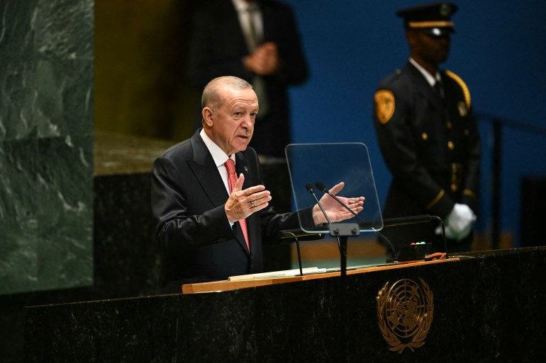 afp-mew2-1727189621 Turkey's President Recep Tayyip Erdogan speaks during the 79th Session of the United Nations General Assembly at the United Nations headquarters in New York City on September 24, 2024. (Photo by ANGELA WEISS / AFP)