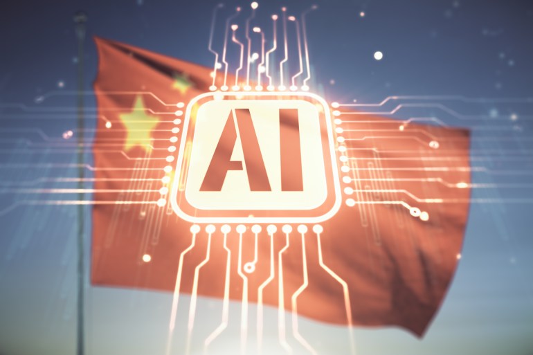 d9a4d9a5d9a4d9a52-1720086457 Double exposure of creative artificial Intelligence icon on flag of China and sunset sky background. Neural networks and machine learning concept