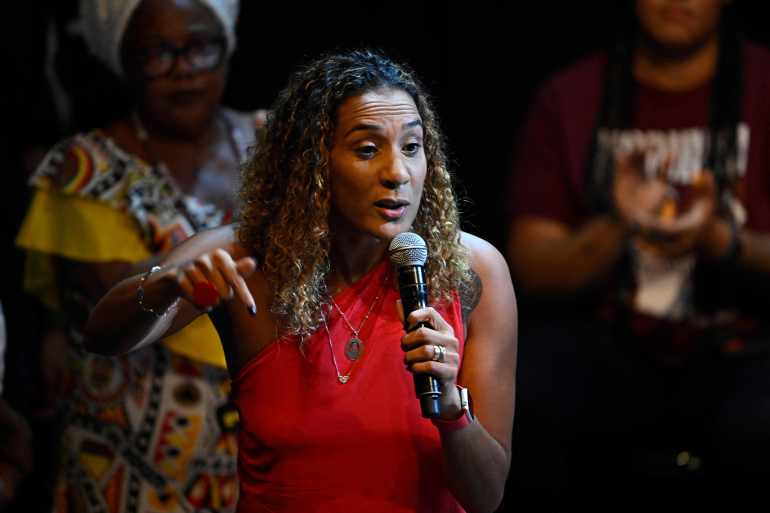 Brazilian Minister of Racial Equality Anielle Franco speaks during an event to announce her political affiliation with the Workers Party (PT) at the Circo Voador venue in the Lapa neighborhood of Rio de Janeiro, Brazil, on April 2, 2024. (Photo by MAURO PIMENTEL / AFP)