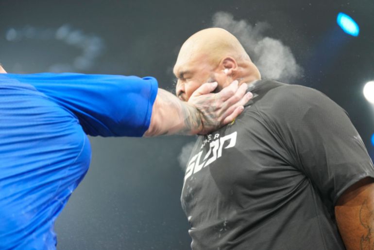 LAS VEGAS, NV - MAY 24: (L-R) "Slap For Cash" Adam Hutchinson slaps Dayne "Da Hawaiian Hitman" Viernes in a 3-round bout at UFC Apex for Power Slap 2 - Wolverine vs Bell event on May 24, 2023 in Las Vegas, NV. (Photo by Louis Grasse/PxImages/Icon Sportswire via Getty Images)