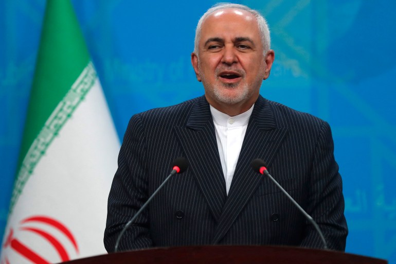 Iran's Foreign Minister Mohammad Javad Zarif speaks during a joint press conference with his Iraqi counterpart in Iraq's capital Baghdad on April 26, 2021. (Photo by AHMAD AL-RUBAYE / AFP)