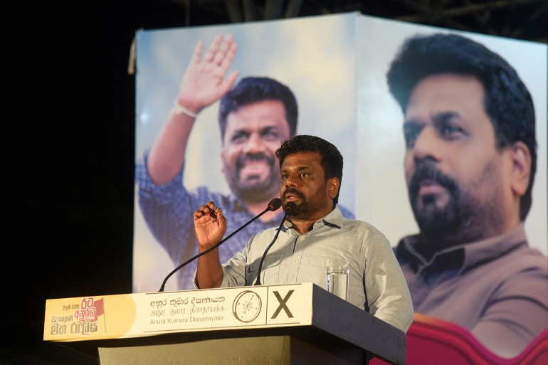 srilanka-21-1727189970 Anura Kumara Dissanayake, the presidential candidate from National People's Power, addresses his supporters during an election campaign rally ahead of presidential election, on the outskirts of Colombo, Sri Lanka, September 18, 2024. REUTERS/Stringer