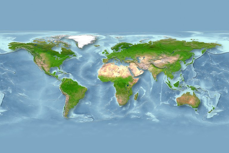 ss1276796815-1695797904 2D illustration of the map of the world in relief depiction with europe in the centre, versions including borders and meridians; Shutterstock ID 1276796815; purchase_order:sports; job:; client:; other: