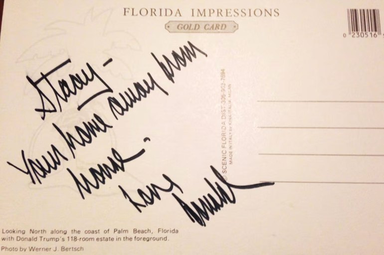 The postcard that Stacey Williams says Donald Trump sent in 1993. Photograph: Courtesy Stacey Williams