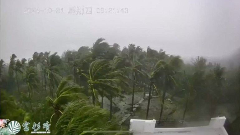 2024-10-31t060wan-1730379074 A view of trees blowing in strong winds, as Typhoon Kong-rey makes landfall, in Taitung County, Taiwan October 31, 2024, in this screen grab obtained from a social media video. Rich-Sunshine Inn/via REUTERS THIS IMAGE HAS BEEN SUPPLIED BY A THIRD PARTY. MANDATORY CREDIT. NO RESALES. NO ARCHIVES. DO NOT OBSCURE LOGO.