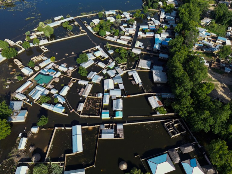 A drone view shows flooded houses in the Danayre district of Yagoua, Cameroon September 22, 2024. REUTERS/Desire Danga Essigue