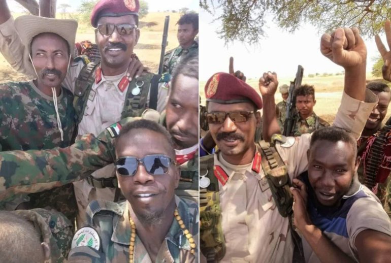 صور من مواقع التواصل الاجتماعي توضح تسليم القائد البارز بقوات الدعم السريع أبو عاقلة كيكل وقواته إلى الجيش السوداني