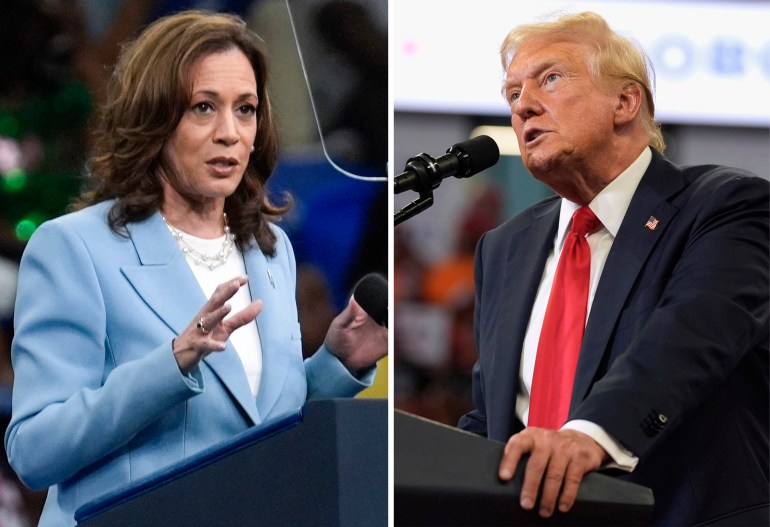 ap24251042287355-1726004566 كومبو هاريس وترامب Trump Harris This combination of photos taken at campaign rallies in Atlanta shows Vice President Kamala Harris on July 30, 2024, left, and Republican presidential candidate former President Donald Trump on Aug. 3. (AP Photo)