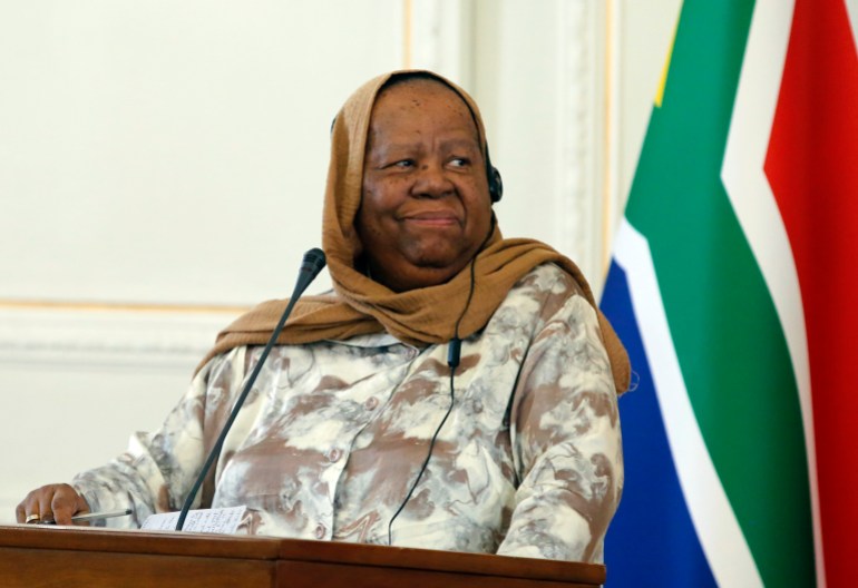 epa10932496 South African Foreign Minister Naledi Pandor attends a joint press conference with Iranian Foreign Minister Hossein Amir-Abdollahian after their meeting in Tehran, Iran, 22 October 2023. Pandor is in Tehran to meet with Iranian officials. EPA-EFE/ABEDIN TAHERKENAREH