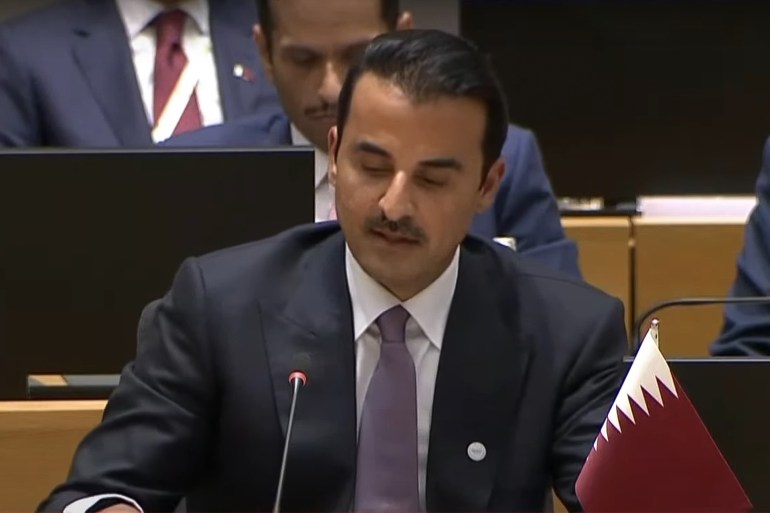 أمير قطر وهو يتحدث بالقمة الخليجية الاوروبية لقطة شاشة الجزيرة