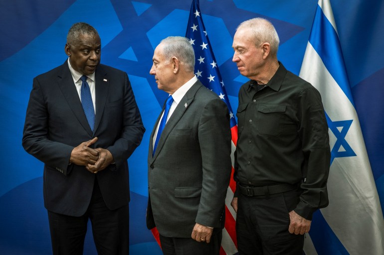 U.S. Secretary of Defense Lloyd Austin meets with Israeli Prime Minister Benjamin Netanyahu and Minister of Defense Yoav Gallant upon his arrival to Tel Aviv, Israel, October 13, 2023, in this photo by Chad McNeeley/Office of the Secretary of Defense Public Affairs/Handout via REUTERS ATTENTION EDITORS - THIS PICTURE WAS PROVIDED BY A THIRD PARTY