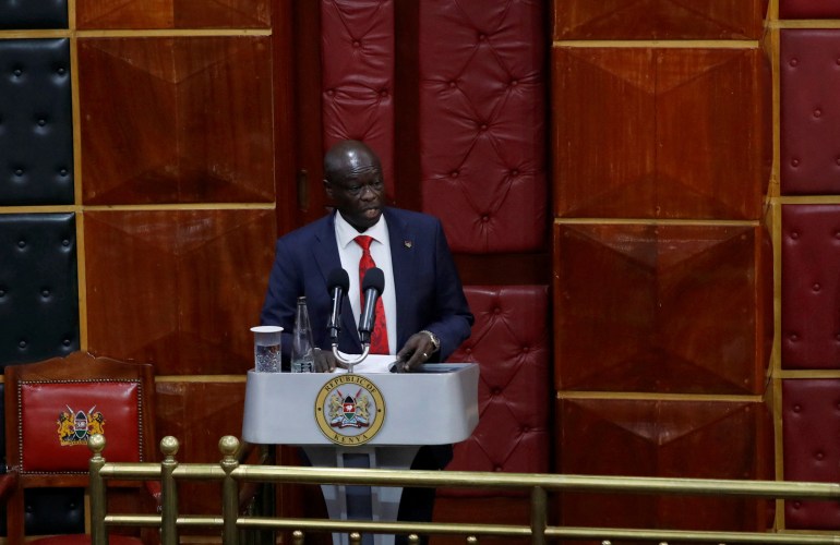 picture-112211-1729010233 Kenya's Deputy President Rigathi Gachagua address legislators ahead of the lawmakers' vote over his impeachment motion at the Parliament buildings in Nairobi, Kenya October 8, 2024. REUTERS/Monicah Mwangi