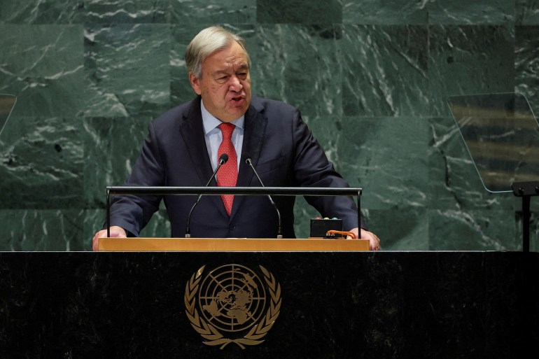 reuterds-ne2-1730185590 FILE PHOTO: United Nations Secretary-General Antonio Guterres addresses the 79th United Nations General Assembly at U.N. headquarters in New York, U.S., September 24, 2024. REUTERS/Mike Segar/File Photo
