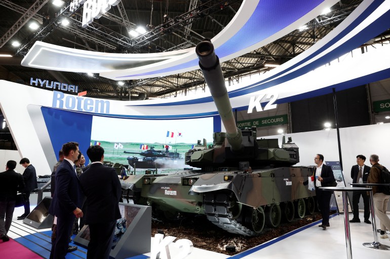 reuters-aw3-1718634946 A K2 Black Panther tank manufactured by Hyundai Rotem is displayed at the Eurosatory international land and air defence and security trade fair in Villepinte, France, June 17, 2024. REUTERS/Benoit Tessier