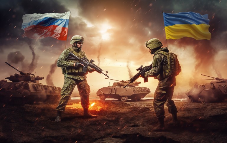 adobestock_611994519-1-1730205883 Conflict between Russia and Ukraine. Solders with weapons standing one against another with flags of Russian Federation and Ukraine and tanks and war atmosphere in the background. المصدر : أدوبي ستوك