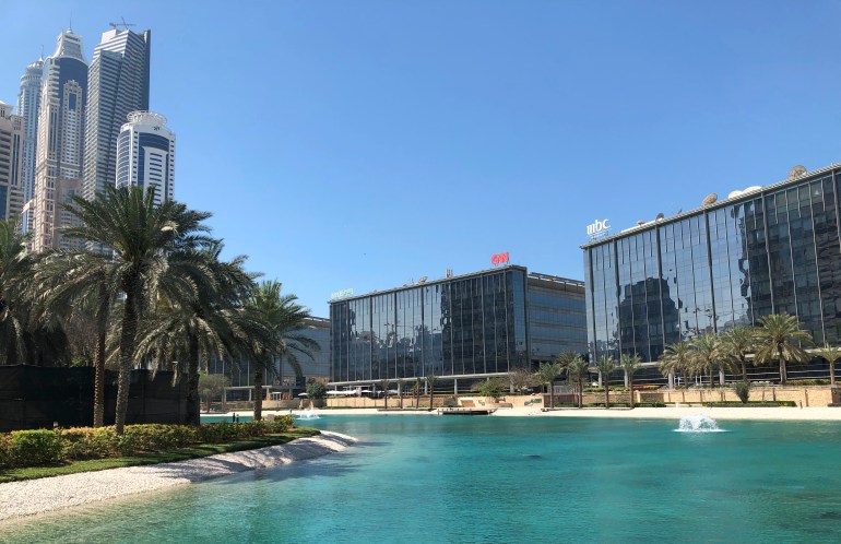 A general view of the MBC building at Media City in Dubai, United Arab Emirates, Monday, March 5, 2018. The Dubai-based MBC Group stopped broadcasting its popular Arabic-dubbed Turkish soap operas on March 1, a decision coming just after its chairman Waleed al-Ibrahim was released from being detained in a mass arrest by Saudi authorities. (AP Photo/Kamran Jebreili)