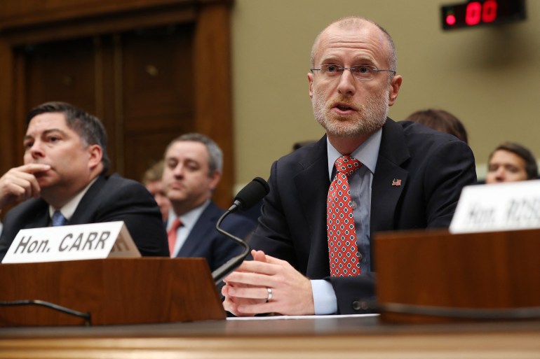 WASHINGTON, DC - DECEMBER 05: Federal Communication Commission Commissioner Brendan Carr testifies before the House Energy and Commerce Committee's Communications and Technology Subcommittee in the Rayburn House Office Building on Capitol Hill December 05, 2019 in Washington, DC. All five of the FCC commissioners testified before the subcommittee, which is tasked with oversight of the commission. Chip Somodevilla/Getty Images/AFP (Photo by CHIP SOMODEVILLA / GETTY IMAGES NORTH AMERICA / Getty Images via AFP)