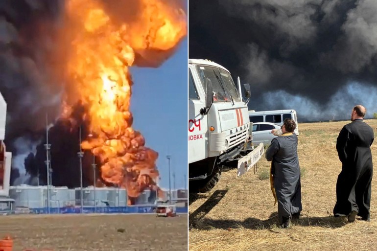 d983d988d985d98ad98ad988-2-1724826575 Fire and smoke billow following a Ukrainian drone attack on a diesel depot, in the course of the Russia-Ukraine conflict, at Proletarsk, in the southern Rostov region, Russia, in this screengrab obtained from a social media video released on August 22, 2024. /via REUTERS THIS IMAGE HAS BEEN SUPPLIED BY A THIRD PARTY. NO RESALES. NO ARCHIVES. Russian Orthodox clergymen sprinkle holy water on fire trucks during a service near the scene of a fire at the Proletarsk fuel depot, following a reported Ukraine's drone attack in the course of Ukraine-Russia conflict, in the Rostov region, Russia, in this handout picture released August 21, 2024. Volgodonsk Eparchy of Russian Orthodox Church/Handout via REUTERS ATTENTION EDITORS - THIS IMAGE HAS BEEN SUPPLIED BY A THIRD PARTY. NO RESALES. NO ARCHIVES. MANDATORY CREDIT.