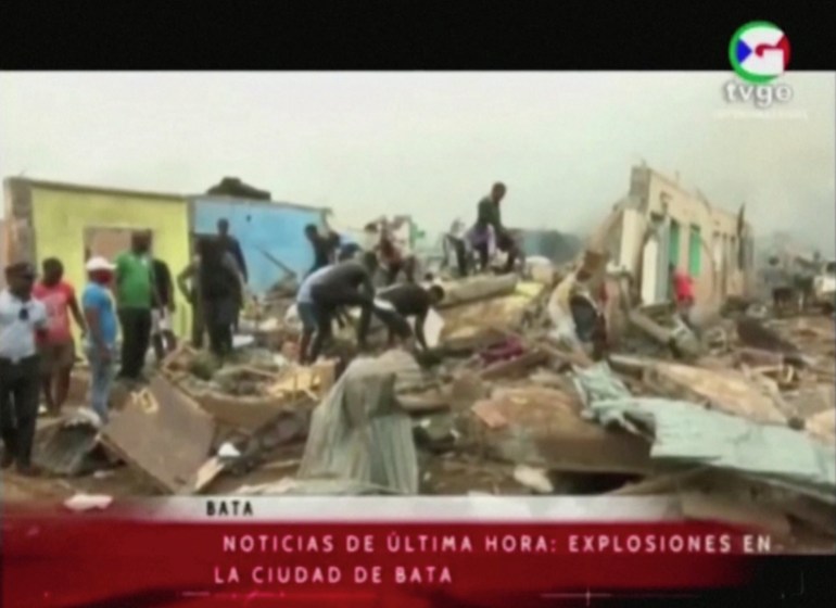 gui People search through rubble following explosions at a military base, according to local media, in Bata, Equatorial Guinea March 7, 2021. TVGE/REUTERS TV/via REUTERS THIS IMAGE HAS BEEN SUPPLIED BY A THIRD PARTY. MANDATORY CREDIT. NO RESALES. NO ARCHIVES. EQUATORIAL GUINEA OUT.