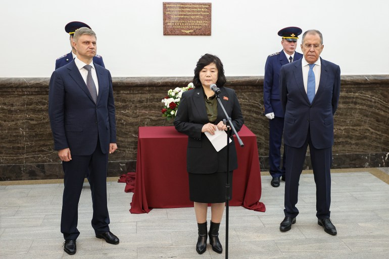 RUSSIA, MOSCOW - NOVEMBER 1: (----EDITORIAL USE ONLY - MANDATORY CREDIT - ' RUSSIAN FEDERATION FOREIGN PRESS SERVICE / HANDOUT' - NO MARKETING NO ADVERTISING CAMPAIGNS - DISTRIBUTED AS A SERVICE TO CLIENTS----) North Korea's Foreign Minister Choe Son-hui attends a ceremony to unveil a plaque in memory of Kim Il-sung, former president of North Korea, at Yaroslavsky Railway Station on November 1, 2024. (Photo by RF Foreign Press Service / Handout/Anadolu via Getty Images)