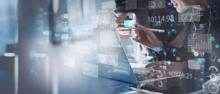 shutterstock_2123447981-1718177958 Data science, business analysis and strategy, big data concept.Business teamwork analyzing financial graph on virtual touch screen, futuristic technology solution for business development