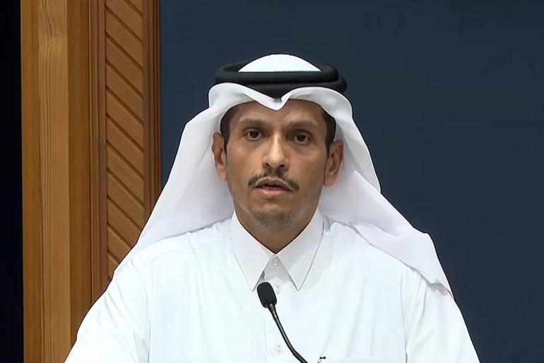 060-1699176848 رئيس مجلس الوزراء وزير الخارجية القطري الشيخ محمد بن عبد الرحمن آل ثاني، خلال مؤتمر صحفي مع ووزيرة الخارجية الفرنسية كاثرين كولونا