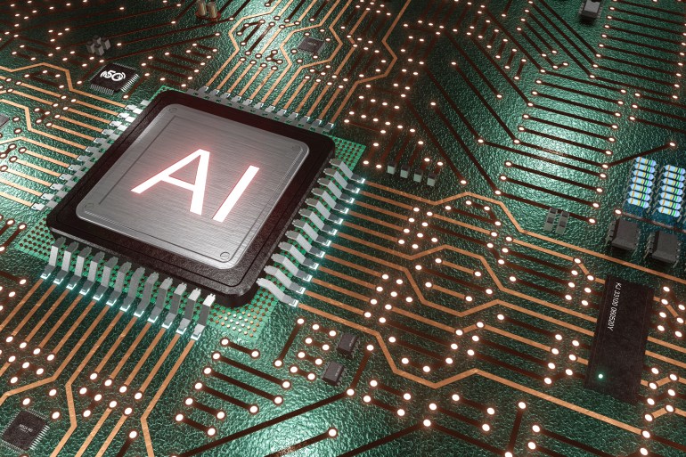 ai-2-1699198816 AI Artificial Intelligence 3d rendering, Computer mother board chip with AI sign and glowing circuit background, Central Computer Processors CPU, AI machine learning concept.; Shutterstock ID 1726993618; purchase_order: aljazeera ; job: ; client: ; other: