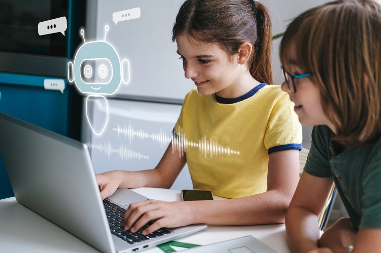 gettyimages-1575986749-1700561622 Children using system AI Chatbot in computer or mobile application. Chatbot conversation, Ai Artificial Intelligence technology. OpenAI generate. Futuristic technology. Virtual assistant on internet.