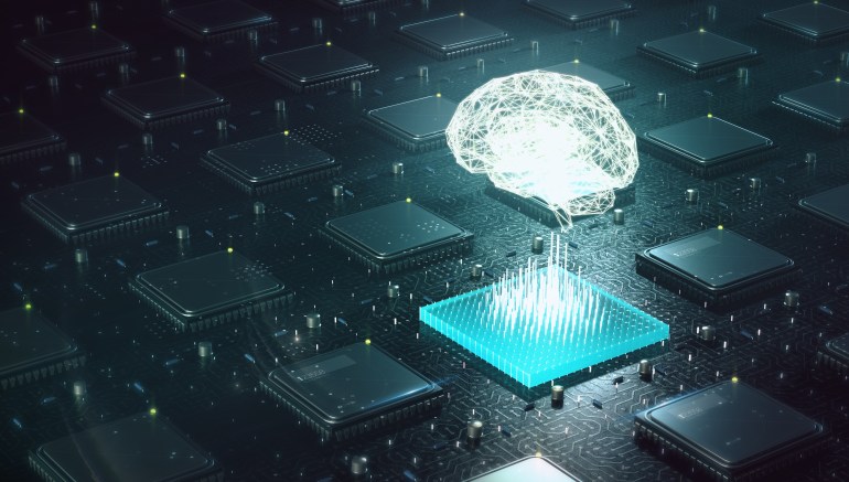 gettyimages-961970568-1723972975 Machine learning , artificial intelligence, ai, deep learning blockchain neural network concept. Brain made with shining wireframe above multiple blockchain cpu on circuit board 3d render.