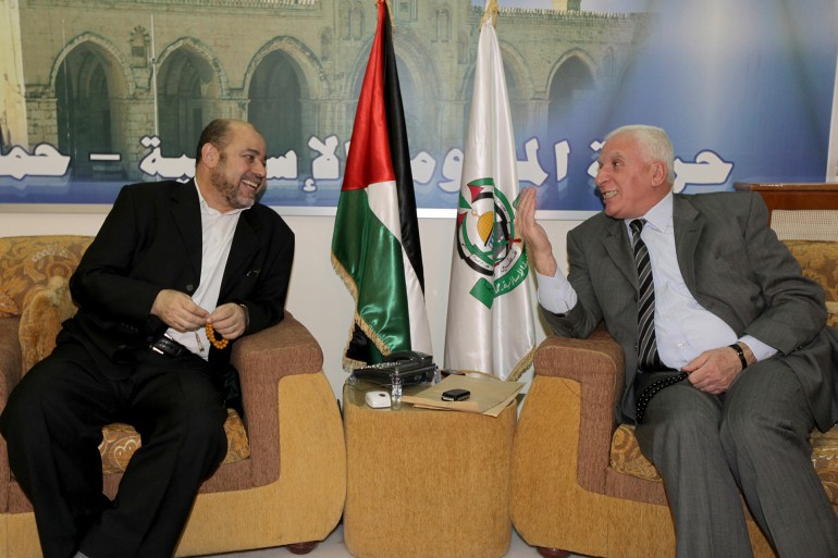 ria-1714223918 Hamas political leader Mussa Abu Marzuq (L) meets with Fatah official Azzam al-Ahmad in Damascus November 9, 2010.They discussed an Egyptian proposal to promote reconciliation between Hamas and the Fatah movement headed by Palestinian President Mahmoud Abbas. REUTERS/Hamas Office/Handout (SYRIA - Tags: POLITICS) THIS IMAGE HAS BEEN SUPPLIED BY A THIRD PARTY. IT IS DISTRIBUTED, EXACTLY AS RECEIVED BY REUTERS, AS A SERVICE TO CLIENTS. QUALITY FROM SOURCE FOR EDITORIAL USE ONLY. NOT FOR SALE FOR MARKETING OR ADVERTISING CAMPAIGNS