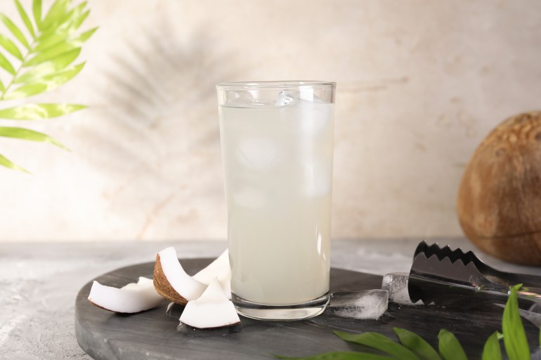 shutterstock_2461439381-1734021273 Glass of coconut water, ice cubes and nuts on grey table