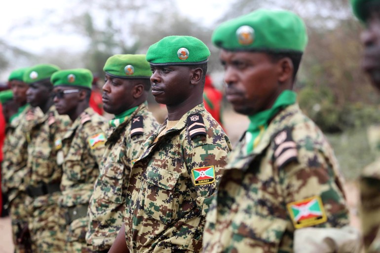 Burundian African Union Mission in Somalia (AMISOM) peacekeepers stand in formation during a ceremony as they prepare to leave the Jaale Siad Military academy after being replaced by the Somali military in Mogadishu, Somalia. February 28, 2019. REUTERS/Feisal Omar