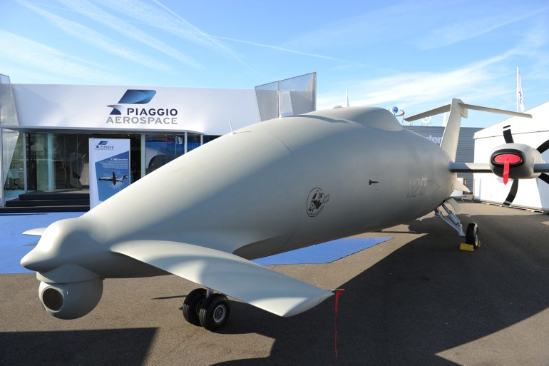 d8b2d8b4d8b2d98a-1736261705 A full-scale mockup of the Piaggio Aerospace's P.1 HH Hammerhead unmanned aerial system is presented at the International Paris Airshow at Le Bourget on June 17, 2015. AFP PHOTO / ERIC PIERMONT (Photo by ERIC PIERMONT / AFP)