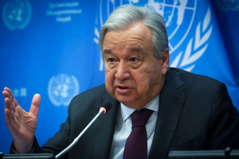 rc2gy5abndmy-1709831456 United Nations Secretary General Antonio Guterres speaks during a press conference at U.N. headquarters in New York City, U.S., February 8, 2024. REUTERS/Mike Segar