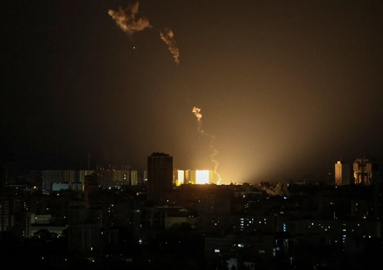 rtsiz5lq-1683608112 An explosion of a drone is seen during a Russian drone strike in Kyiv