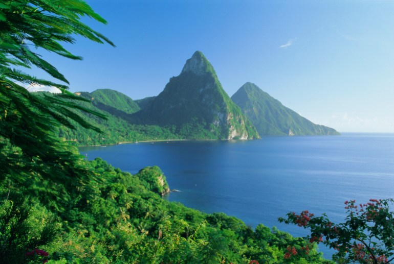 Volcanic peaks of the pitons, soufriere bay, st. lucia, caribbean, west indies, central america