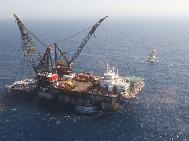 7faf451f-50fe-4d04-9569-c19fb5eca2a7 An aerial view shows the newly arrived foundation platform of Leviathan natural gas field, in the Mediterranean Sea, off the coast of Haifa, Israel January 31, 2019. Marc Israel Sellem/Pool via REUTERS