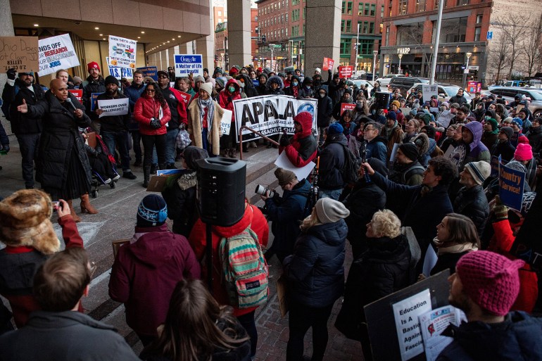 US Representative Ayanna Pressley, Democrat of Massachusetts, speaks as people demonstrate to defend US federal workers against the policies of US President Donald Trump and Elon Musk, outside the Thomas P. OíNeill, Jr. Federal Building in Boston, Massachusetts, on February 19, 2025. (Photo by Joseph Prezioso / AFP)