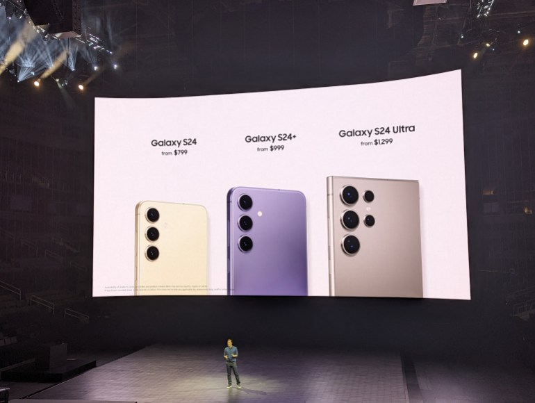 Samsung vice president of product management Drew Blackard unveils new flagship Galaxy phones packed with artificial intelligence features at a media event in the Silicon Valley city of San Jose, California on January 17, 2024. (Photo by Glenn CHAPMAN / AFP)