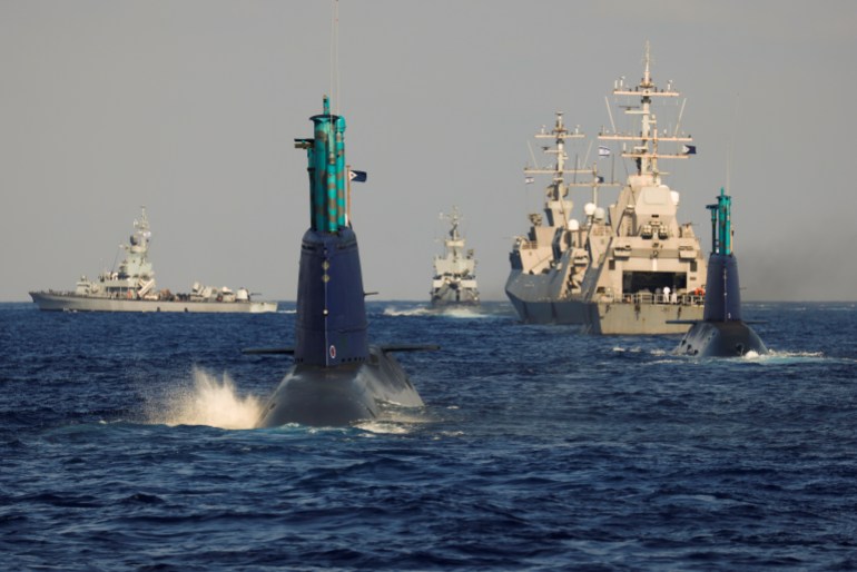 rtxd4qhu Leviathan and a second Israeli navy submarine are seen during a naval manoeuvre in the Mediterranean Sea off the coast of Haifa