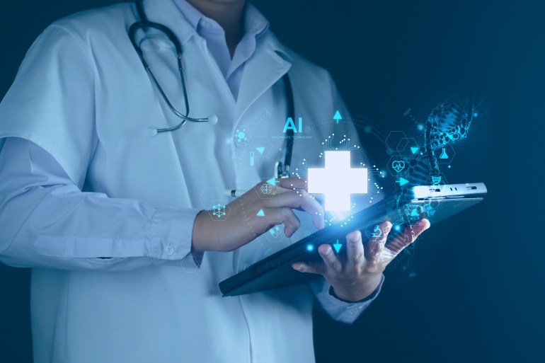 shutterstock_2304284475-1737551186 Medical technology, doctor use AI robots for diagnosis, care, and increasing accuracy patient treatment in future. Medical research and development innovation technology to improve patient health.