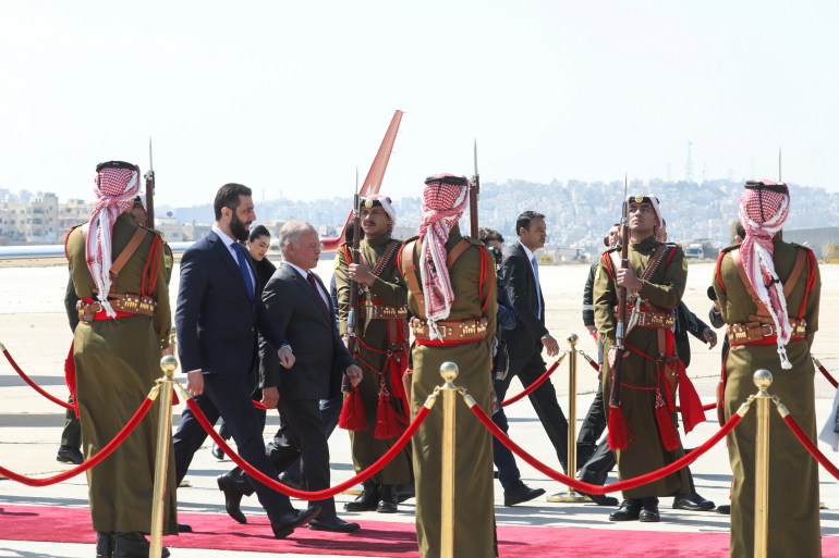 sw-1-1740564245 Syria's interim President Ahmed al-Sharaa meets with Jordan's King Abdullah during his visit to Amman, Jordan, February 26, 2025. REUTERS/Alaa Al Sukhni
