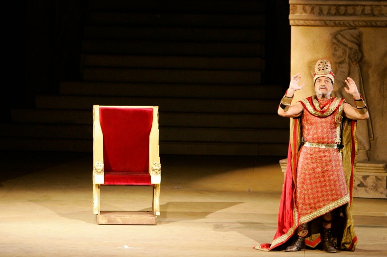 antoine-kerbaj1-1742211532 Actor Antoine Kerbaj performs during a scene from the historical epic musical play "Return of the Phoenix" by Oussama Rahbani in the ancient city of Byblos northern Lebanon August 19, 2008. The play is part of the International Festival of Byblos. Picture taken August 19, 2008. REUTERS/ Cynthia Karam (LEBANON)