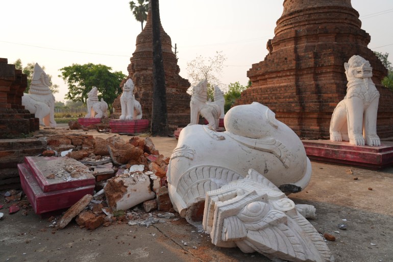 ap-776551050_84cae9-1743258064 Damaged pagodas are seen after Friday's powerful earthquake in Naypyitaw, Myanmar, Saturday, March 29, 2025. (AP Photo/Aung Shine Oo)
