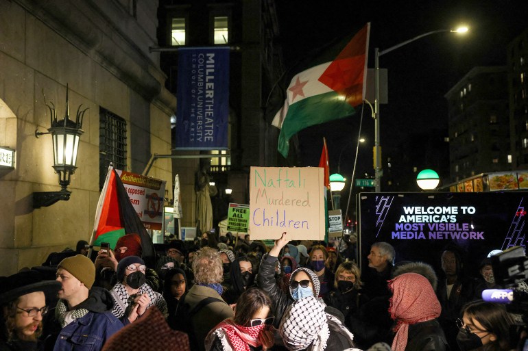 Demonstrators protest outside the main gates of Columbia University as the university prepares to host former Israeli Prime Minister Naftali Bennett in New York City, U.S., March 4, 2025. REUTERS/Caitlin Ochs