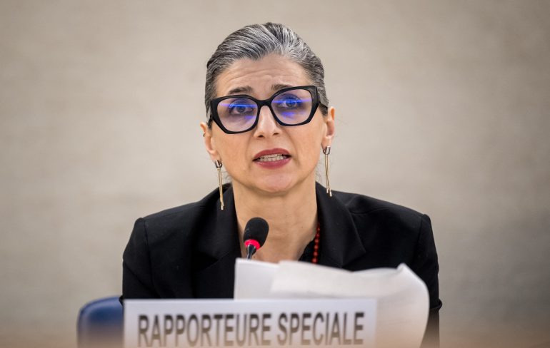 d8a7d8a7-2-1729422806-e1729422854666 United Nations (UN) Special Rapporteur on the Rights Situation in the Palestinian Territories, Francesca Albanese, delivers her rapport during a session of the UN Human Rights Council, in Geneva, on March 26, 2024. Albanese said there were clear indications that Israel had violated three of the five acts listed under the UN Genocide Convention. (Photo by Fabrice COFFRINI / AFP)