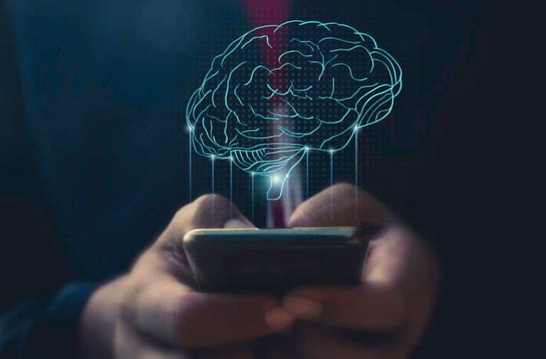 d8b4d98ad8b3d8b4d8b3d98a1-1713798398 Hand use mobile phone and human head with line brain network technology for global.Data in the global computer social.Digital data,ai,science.Vector Technology background and Artificial intelligence.