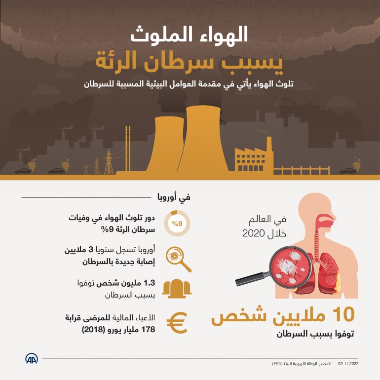 الهواء الملوث يسبب سرطان الرئة تلوث الهواء يأتي في مقدمة العوامل البيئية المسببة للسرطان. 02.11.2022