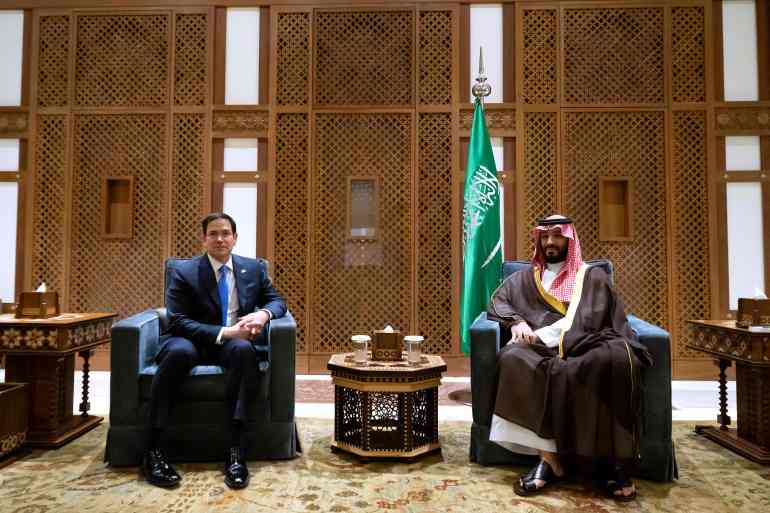 doc-36zq8tc-1741672402-1 Saudi Crown Prince and Prime Minister Mohammed bin Salman meets with US Secretary of State Marco Rubio on the Royal Palace grounds in Jeddah, Saudi Arabia, on March 10, 2025. (Photo by SAUL LOEB / POOL / AFP)