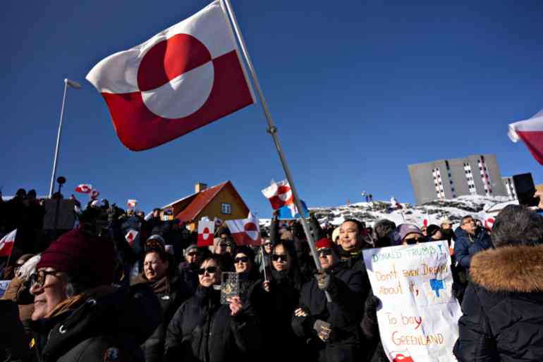 doc-372k2nf-1742064288 Protesters attend a march to the US consulate during a demonstration, under the slogan 'Greenland belongs to the Greenlandic people', in Nuuk, Greenland, on March 15, 2025. Denmark OUT (Photo by Christian Klindt Soelbeck / RITZAU SCANPIX / AFP)